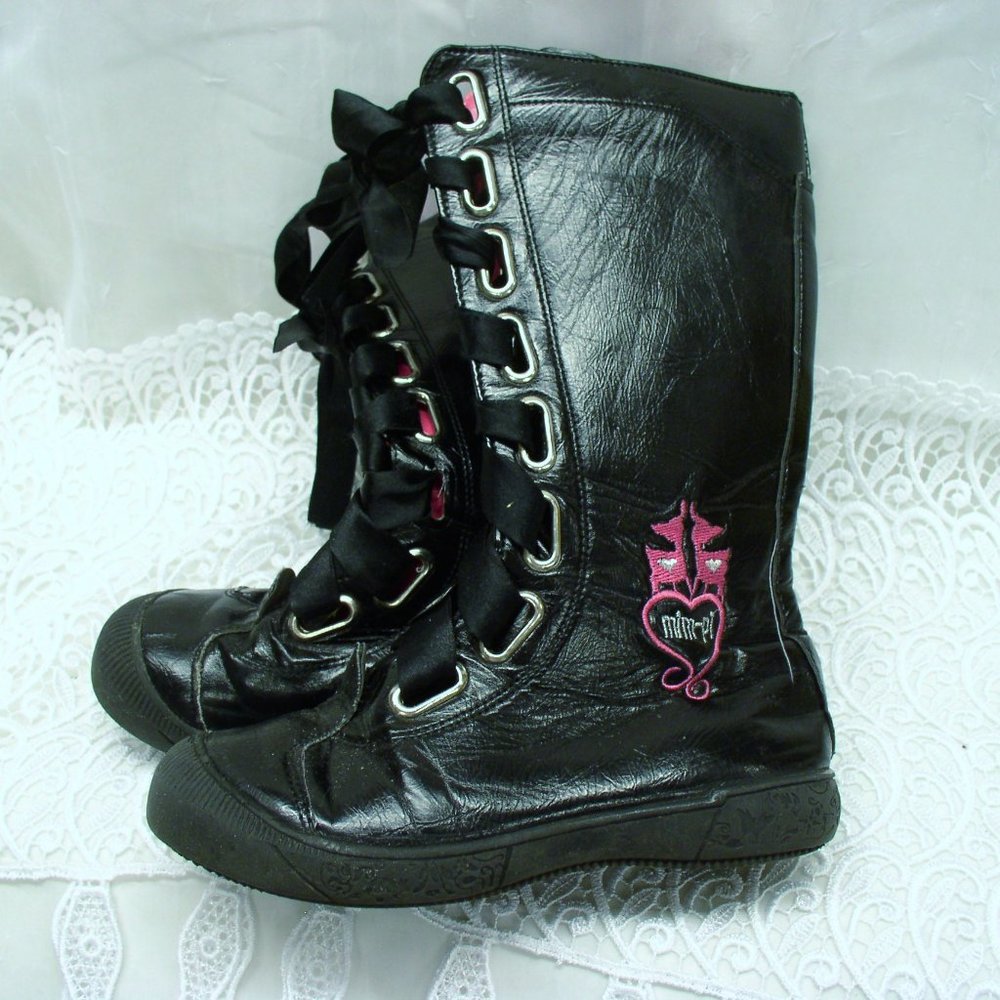 MIM-PI girls black boots pink logo PINK LINING satin ribbon lace up SIDE ZIP